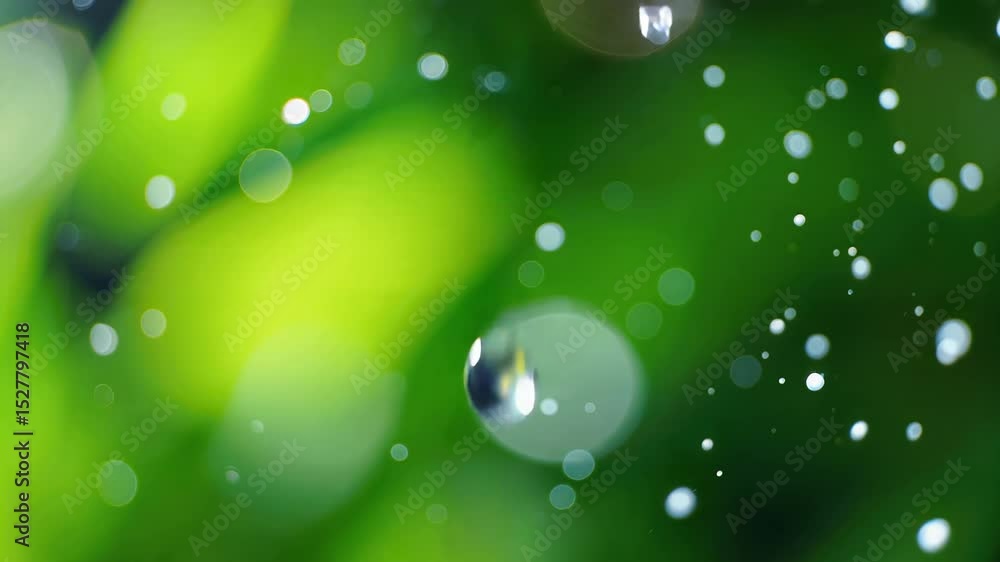 Aufkleber slowly falling water droplets against a soft green background with subtle upward panning and changin
