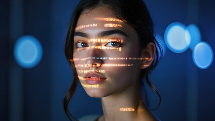 Young woman with flowing orange code projected on her face standing against a softly glowing blue background with blurred light spots giving a futuristic and contemplative mood - Powered by Adobe