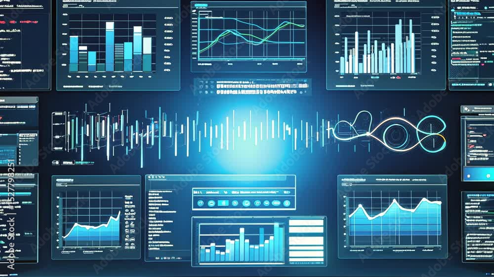 Poster graduate wearing cap and gown facing a large digital screen displaying dynamic data charts and graph