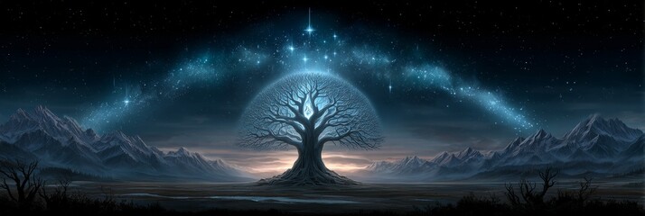  A radiant tree marks the end of a sacred path, its branches lifting skyward and leaves glowing with ethereal brilliance. 