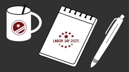 A white mug with a star logo, a notepad marked labor day 2025, and a pen, all on a dark gray background