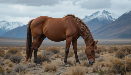 Obraz premium An ultrimage of a Criollo horse grazing in the Patagonian lowlands of South America.