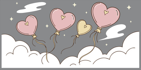 "Cute Heart Balloons Floating in the Sky, a Romantic and Playful Illustration for Celebrations."
