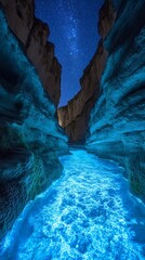 Bioluminescent Canyon Under Starry Sky with Glowing Moss and Water Illuminations at Night