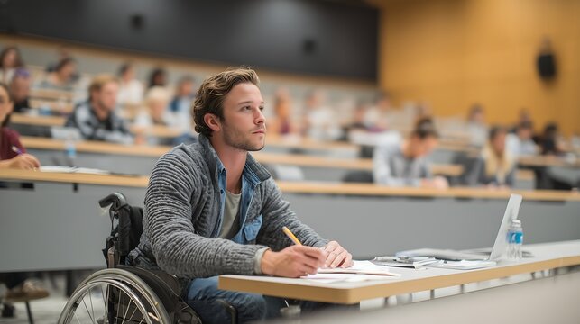 College Student in Wheelchair Taking Notes in Lecture Hall – Great for Accessibility and Higher Education Themes