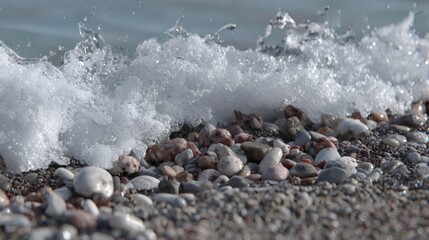 Close-up of crystal-clear wave washing over smooth pebbles on a sunny beach, creating relaxing and peaceful atmosphere
