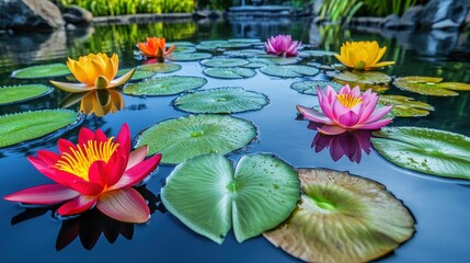 Vibrant water lilies in a tranquil pond