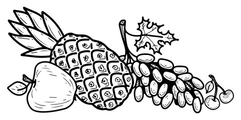Fruit still life. Hand drawn doodle vector. Juicy pineapple. Sweet grapes, apple, cherry. Summer berry dessert. Fresh organic food. Farm harvest. Seasonal vitamins. Illustration line art element.
