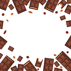 Vector chocolate bars, broken pieces, and coffee beans with blank space for custom text, sweet and aromatic background for kids, seasonal holidays, World Chocolate Day and Coffee Day celebration, busi