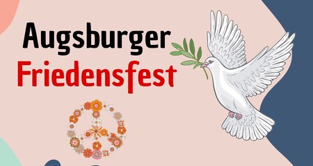 Augsburg Peace Festival in Germany. Illustration of a white dove with olive branch and roses, symbolizing peace and unity. Inspired by Augsburg Peace Festival in Germany. Ideal for cultural use.
