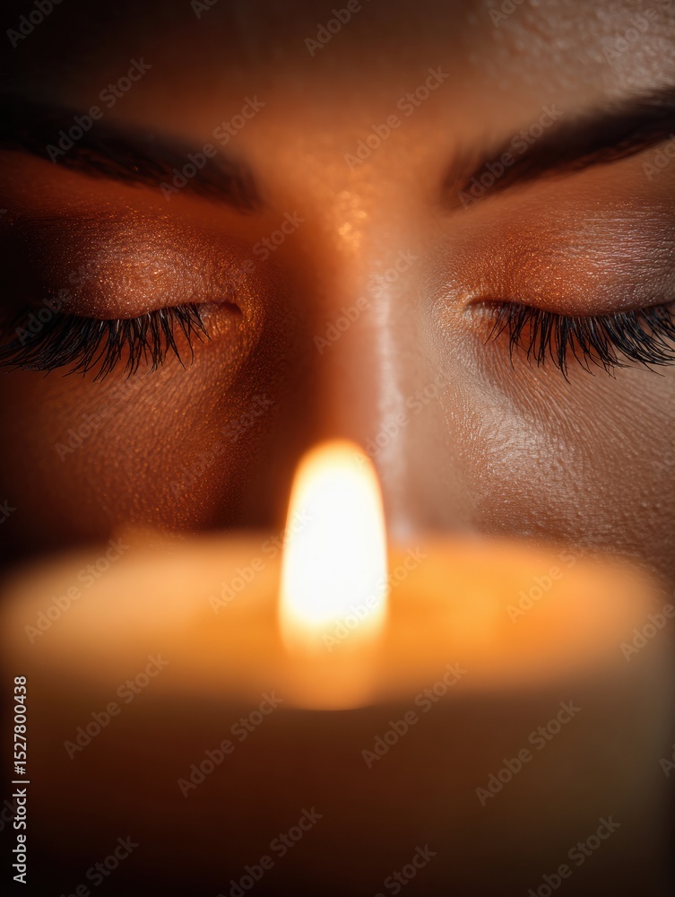 Poster calm eye meditation with candlelight and peaceful expression in a tranquil environment