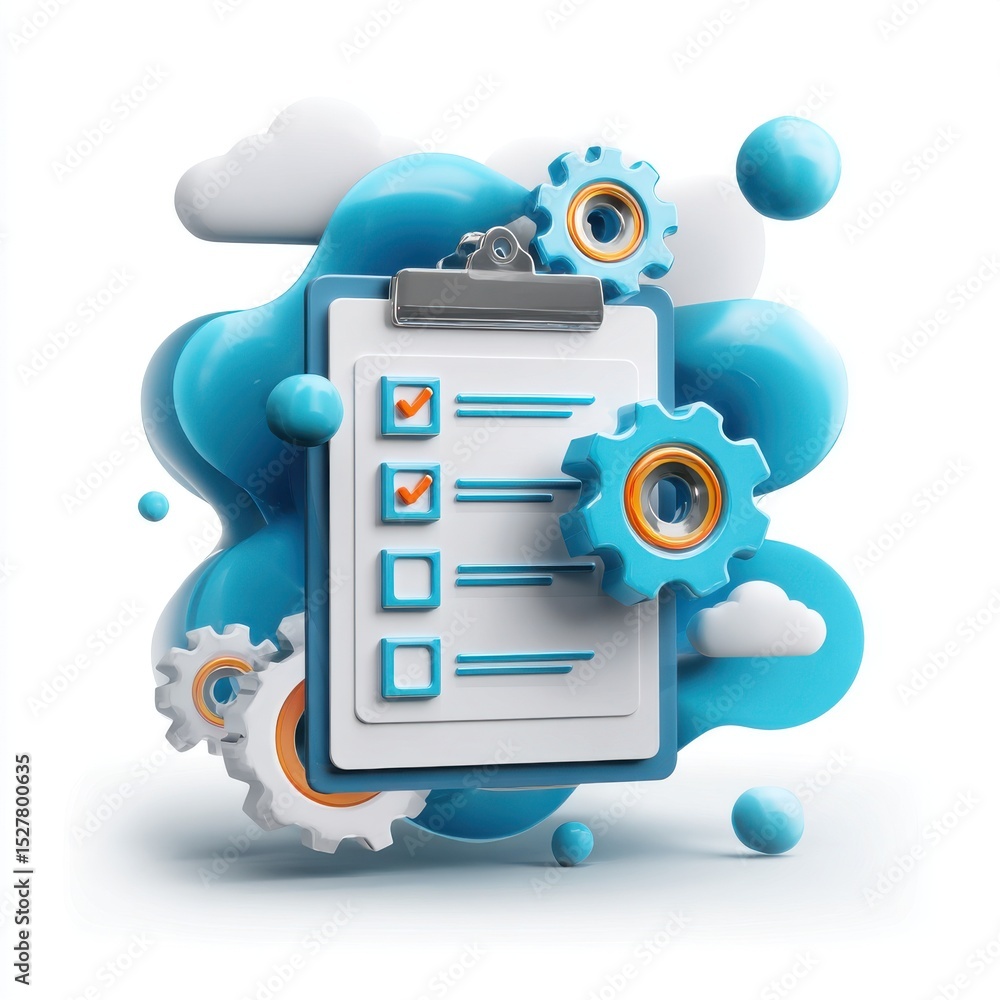 Poster a digital featuring a blue and gray clipboard with a checklist and various abstract geometric shapes