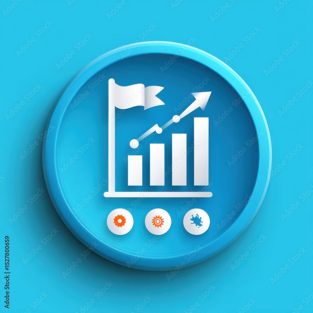 Poster a colorful graphical chart depicting business growth and progress with an upward arrow and a flag sy