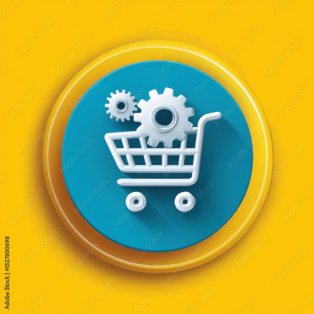 Poster digital shopping cart icon surrounded by gears and cogs against a vibrant yellow background represen