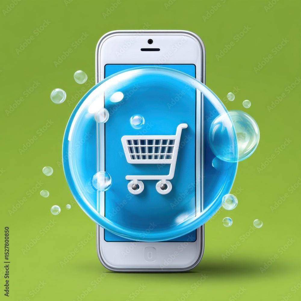 Poster a modern smartphone displayed with a shopping cart icon encased in a transparent blue sphere symboli