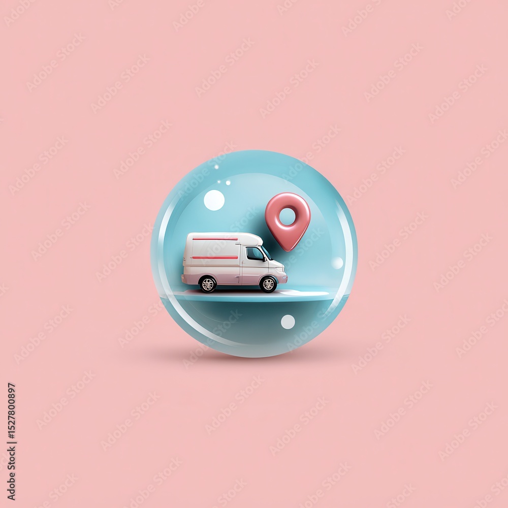 Poster a minimalist 3d rendered of a van or transportation vehicle encapsulated within a pastel colored sph