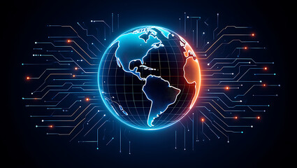 Fototapeta premium Digital globe surrounded by circuit board lines illustrating global technology and connections