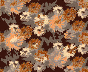 Floral seamless pattern of flowers in brown earth tones. Perfect for design, package, textile, fabric, wallpaper, bedding, autumn winter apparel.