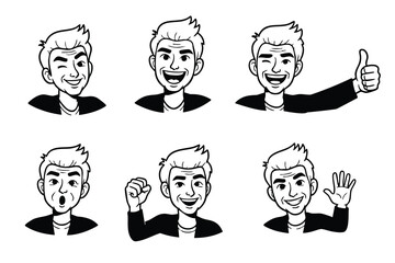 Collection of Cartoon Man Faces Showing Various Expressions Happy, Winking, Surprised, and More