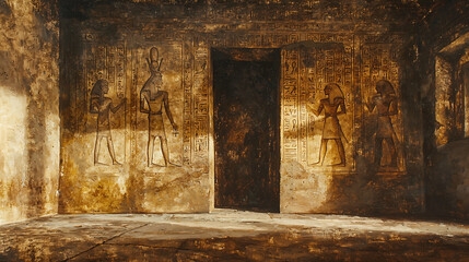 Fototapeta premium An aged sepia-toned image captures the interior of an ancient Egyptian tomb, revealing hieroglyphic carvings and figures illuminated by a dramatic shaft of light.