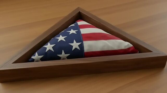A folded American flag displayed in a wooden triangular case on a polished wooden table