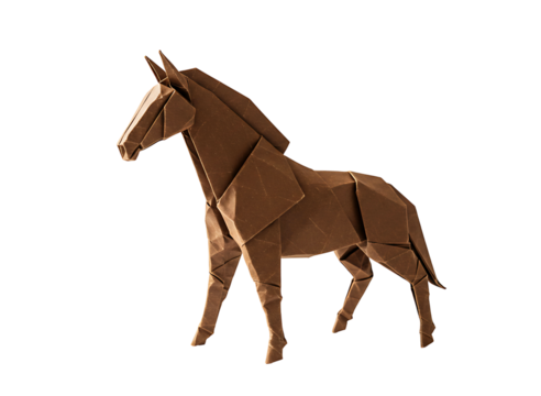 Brown origami horse figure isolated on transparent background