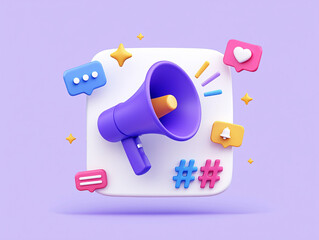 3D Render of Purple Megaphone with Social Media Icons
