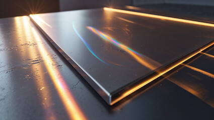 Abstract metallic surface with light reflections and rainbow spectrum effects at an angle