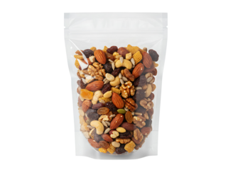Trail mix in clear stand up pouch isolated on transparent background