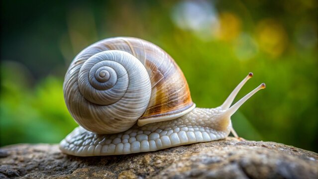 Close-up macro of a slow, brown, slimy snail with a spiral shell crawling on a wet green leaf in nature