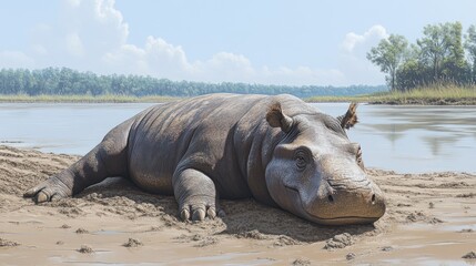 Obraz premium Prehistoric hippopotamus resting by river