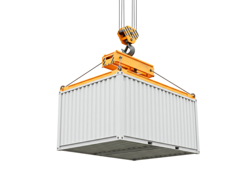 Crane lifting cargo container isolated on transparent background