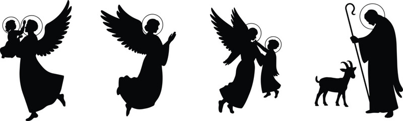 Obraz premium Divine Silhouettes: Angels, Shepherds, and the Nativity Scene in Black and White Art flat vector illustration