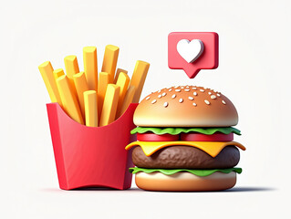Delicious Cheeseburger with French Fries and Love Icon