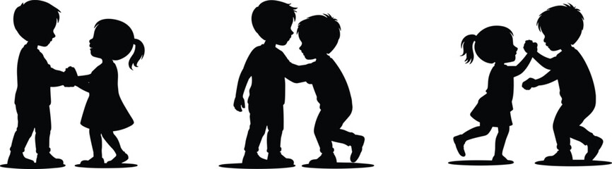 Silhouette of young kids playing, hugging, holding hands, dancing, bonding in friendship, joyful childhood activity on white background vector illustration

 flat vector illustration