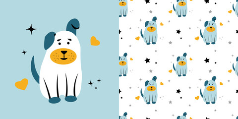 Seamless Baby Pattern with Cute Puppy on White Background
