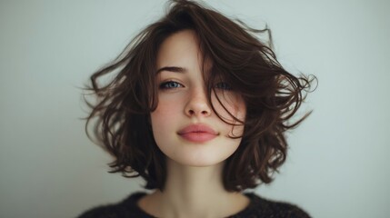Carefree young woman with tousled hair and freckled skin, exuding natural confidence and raw beauty in stylish fashion portrait