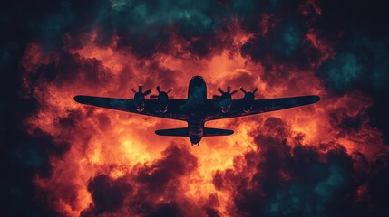 Fototapeta premium Warplane amidst fiery storm clouds