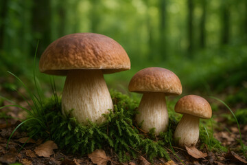 Boletus Mushrooms Growing on Mossy Forest Floor with Greenery