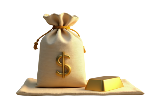 Money bag and gold bar symbolizing wealth and success in finance
