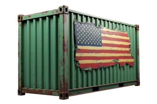 Weathered green cargo container displaying distressed american flag symbol