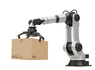Industrial robotic arm lifting cardboard box isolated on transparent background