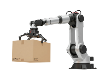 Industrial robotic arm lifting cardboard box isolated on transparent background