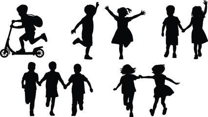 Joyful Silhouettes of Children: Running, Scooter Rides, Holding Hands, and Playful Moments in Black and White Art flat vector illustration
