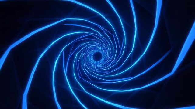 Abstract blue spiral tunnel with glowing lines in dark background  