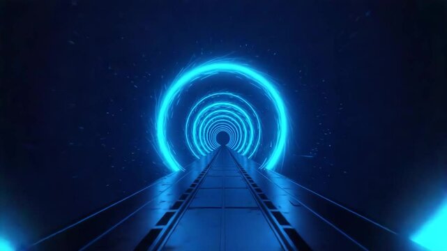 Futuristic tunnel with glowing blue circles and dark background  