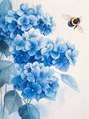 hydrangea in blue tones, a bumblebee flying. Flower Watercolor Hand Drawn Design Modem Fashion Colors Elegant Look Perfect for Allover Print Background