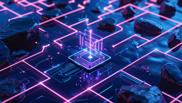 Futuristic digital circuitry with glowing lines and a central processing unit design visualization - Powered by Adobe