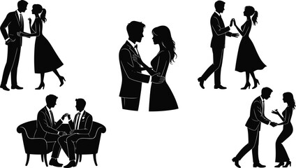 Romantic Silhouettes: Dancing Couples, Intimate Conversations, and Elegant Poses in Black and White Art flat vector illustration