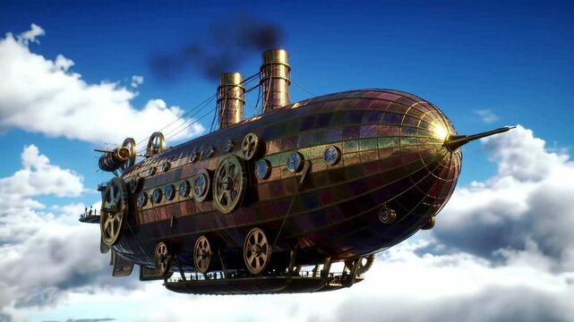 Steampunk airship in cloudy sky
